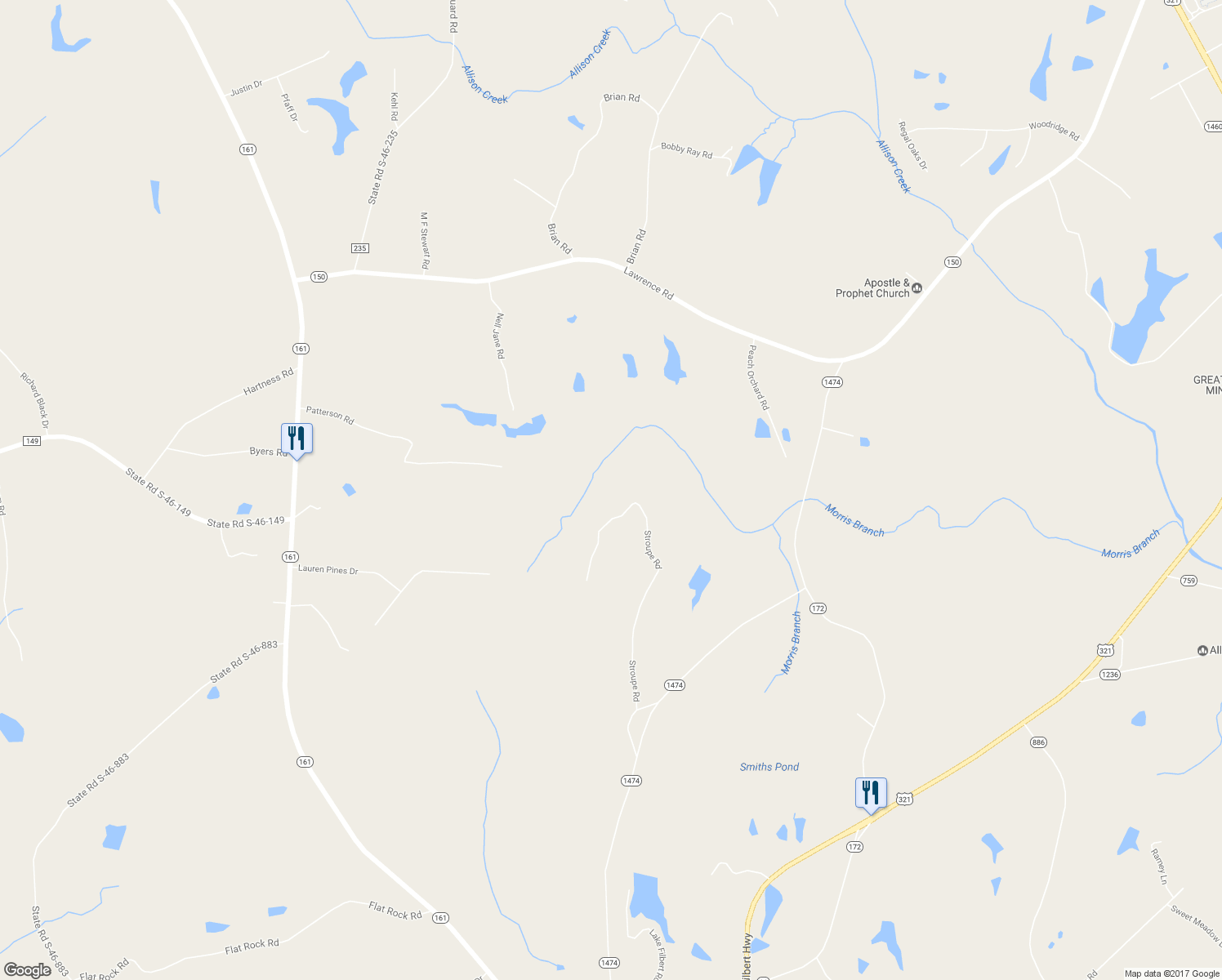 map of restaurants, bars, coffee shops, grocery stores, and more near 2844 Stroupe Road in Clover