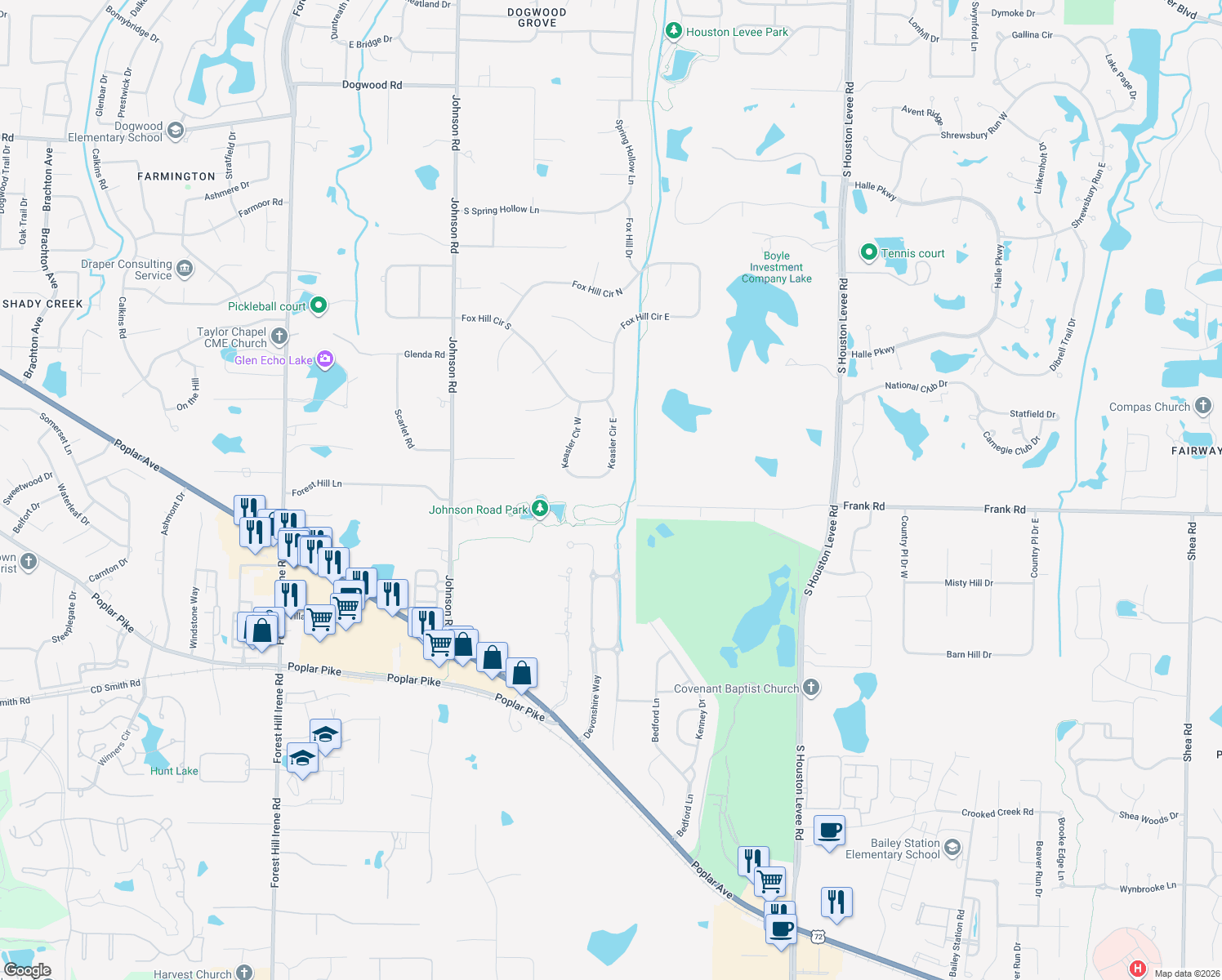 map of restaurants, bars, coffee shops, grocery stores, and more near 2860 Keasler Cir W in Germantown