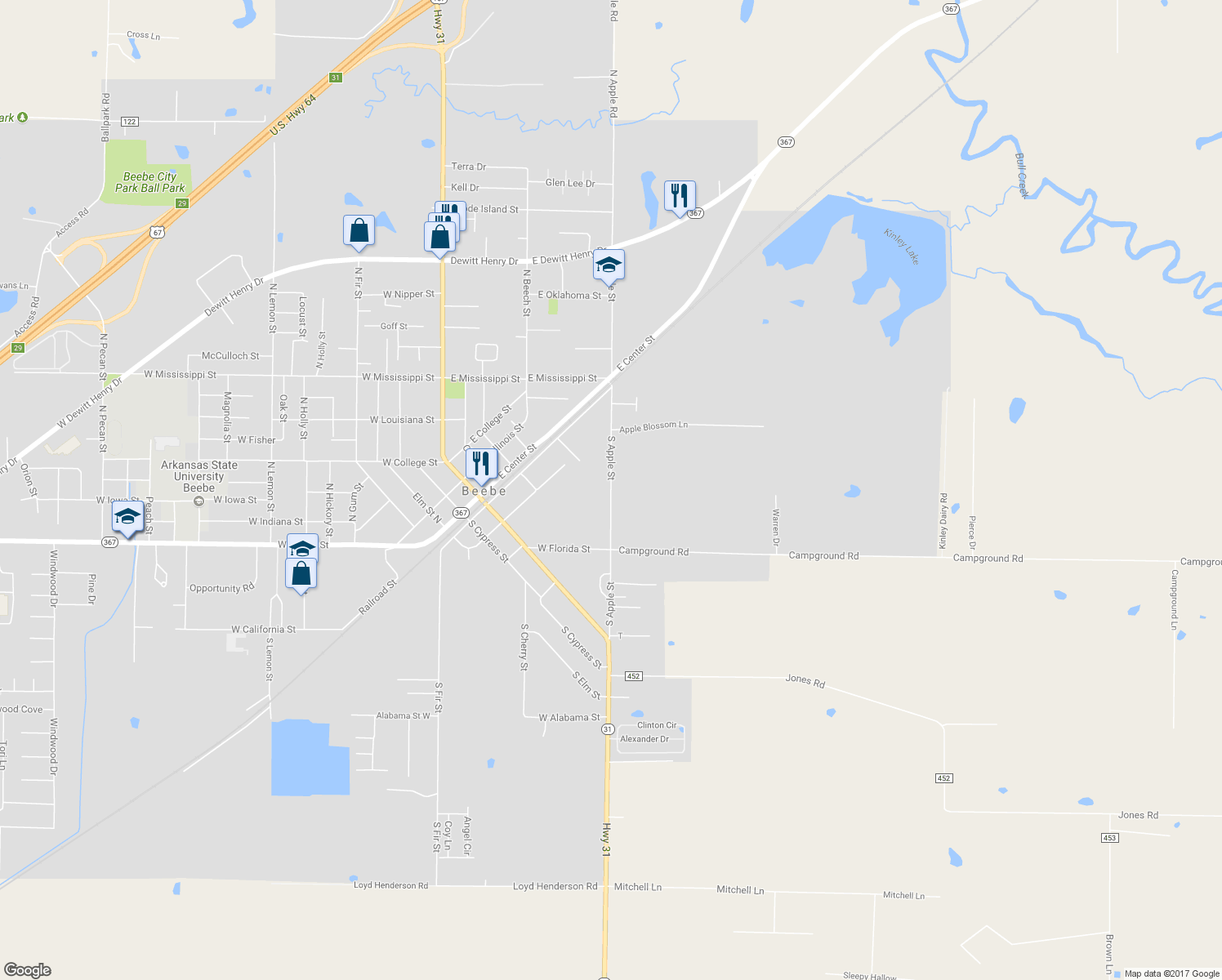 map of restaurants, bars, coffee shops, grocery stores, and more near 210 South Apple Street in Beebe