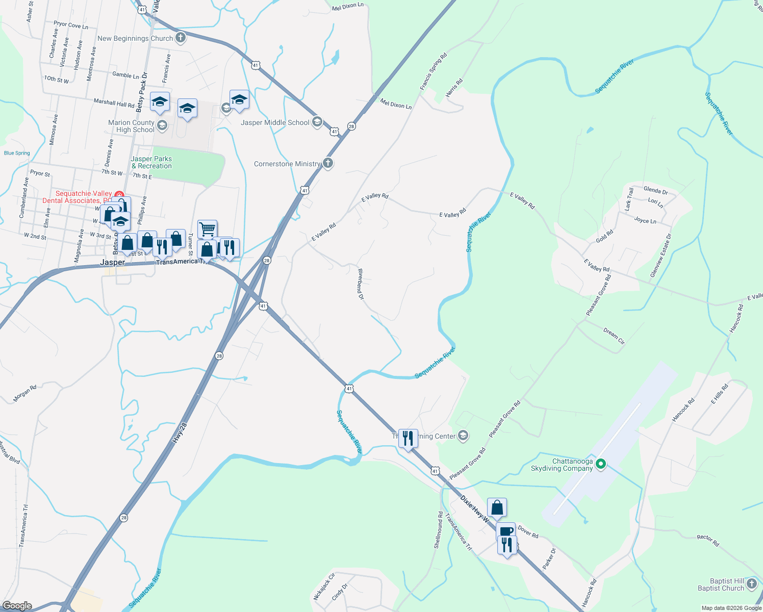 map of restaurants, bars, coffee shops, grocery stores, and more near 641 Riverbend Drive in Jasper