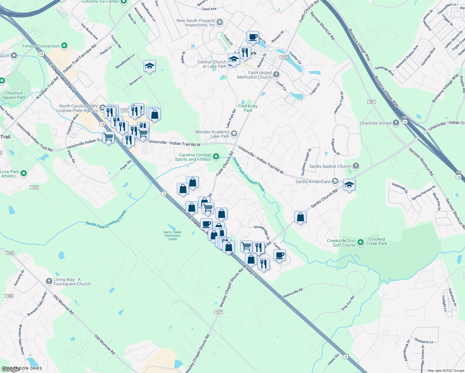 map of restaurants, bars, coffee shops, grocery stores, and more near 3412 Creek Trail Rd in Indian Trail