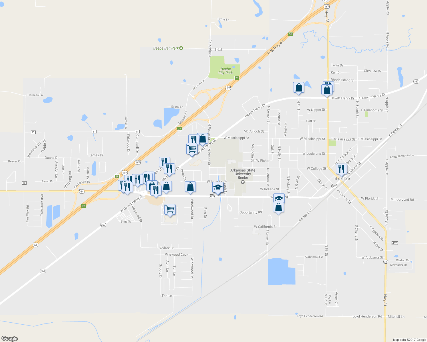map of restaurants, bars, coffee shops, grocery stores, and more near 1300 West College Street in Beebe