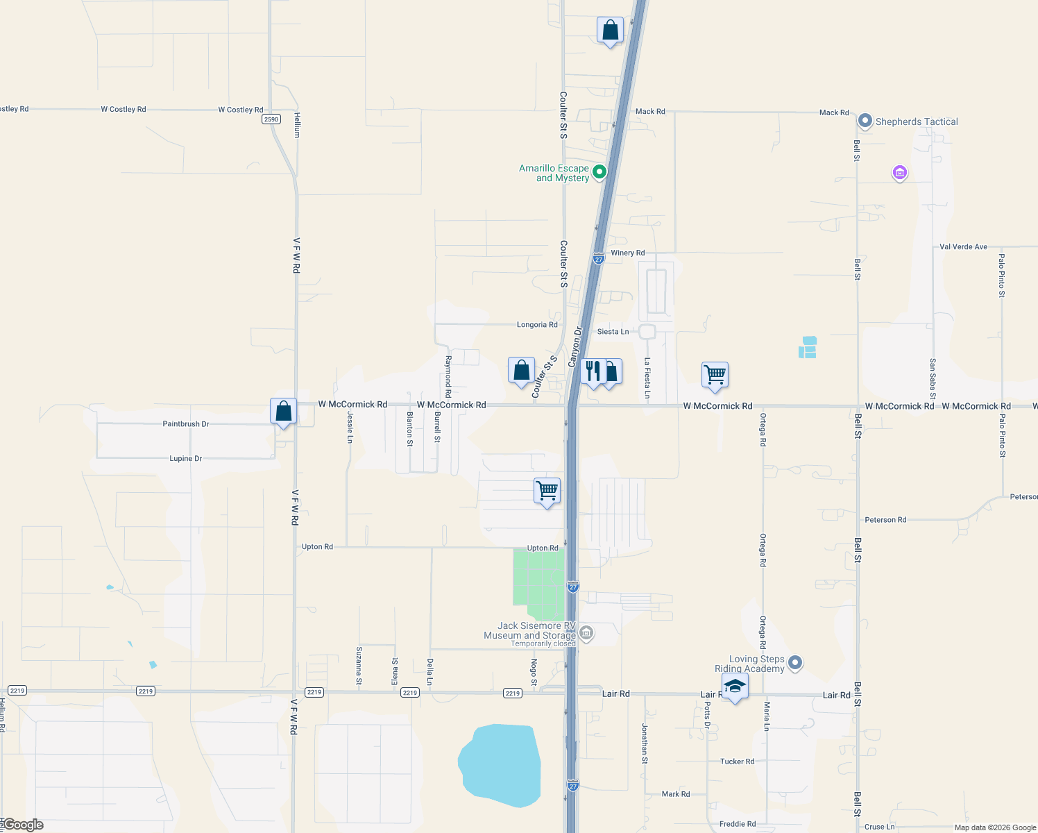 map of restaurants, bars, coffee shops, grocery stores, and more near 7601 West McCormick Road in Amarillo