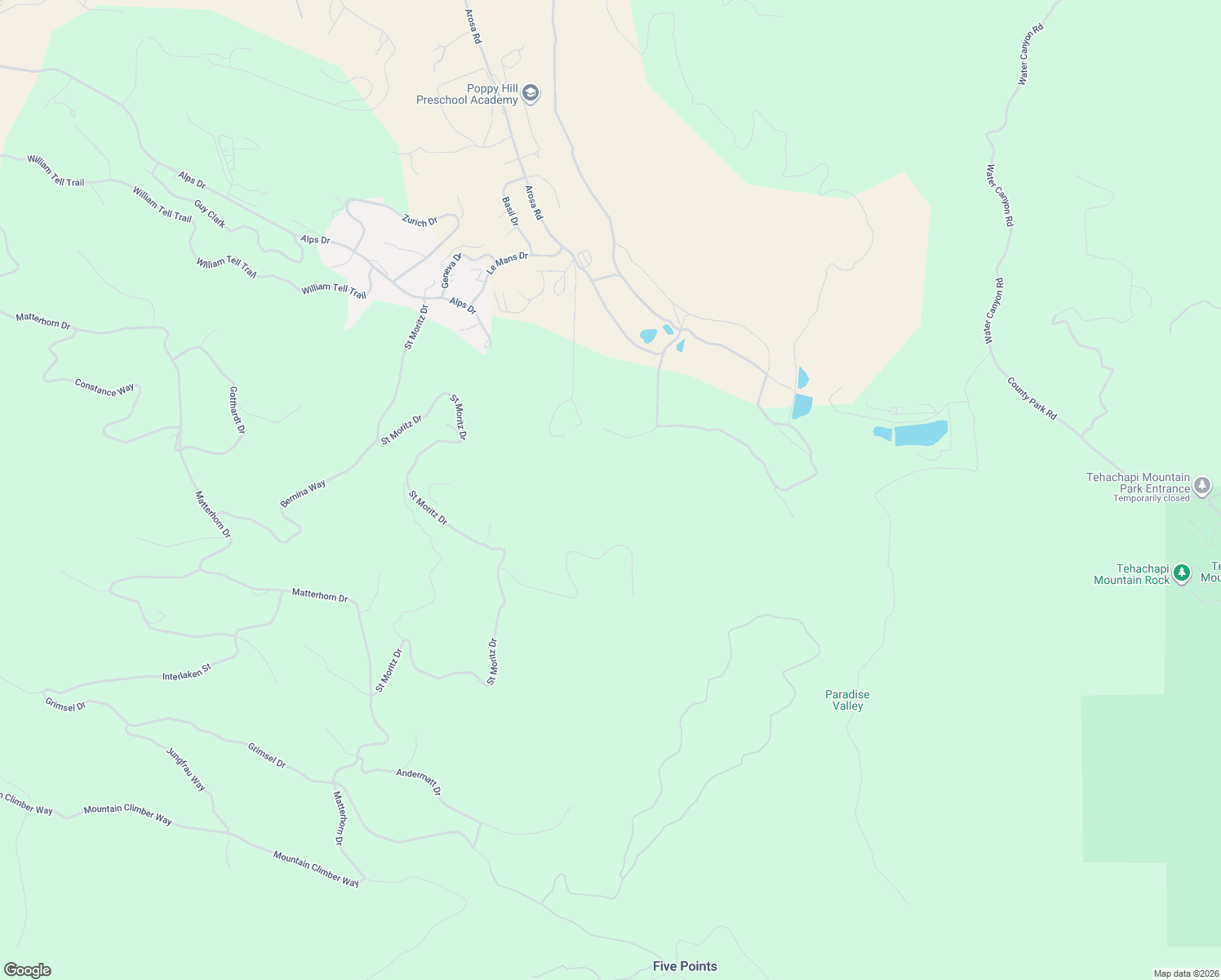 map of restaurants, bars, coffee shops, grocery stores, and more near 17957 Arosa Road in Tehachapi