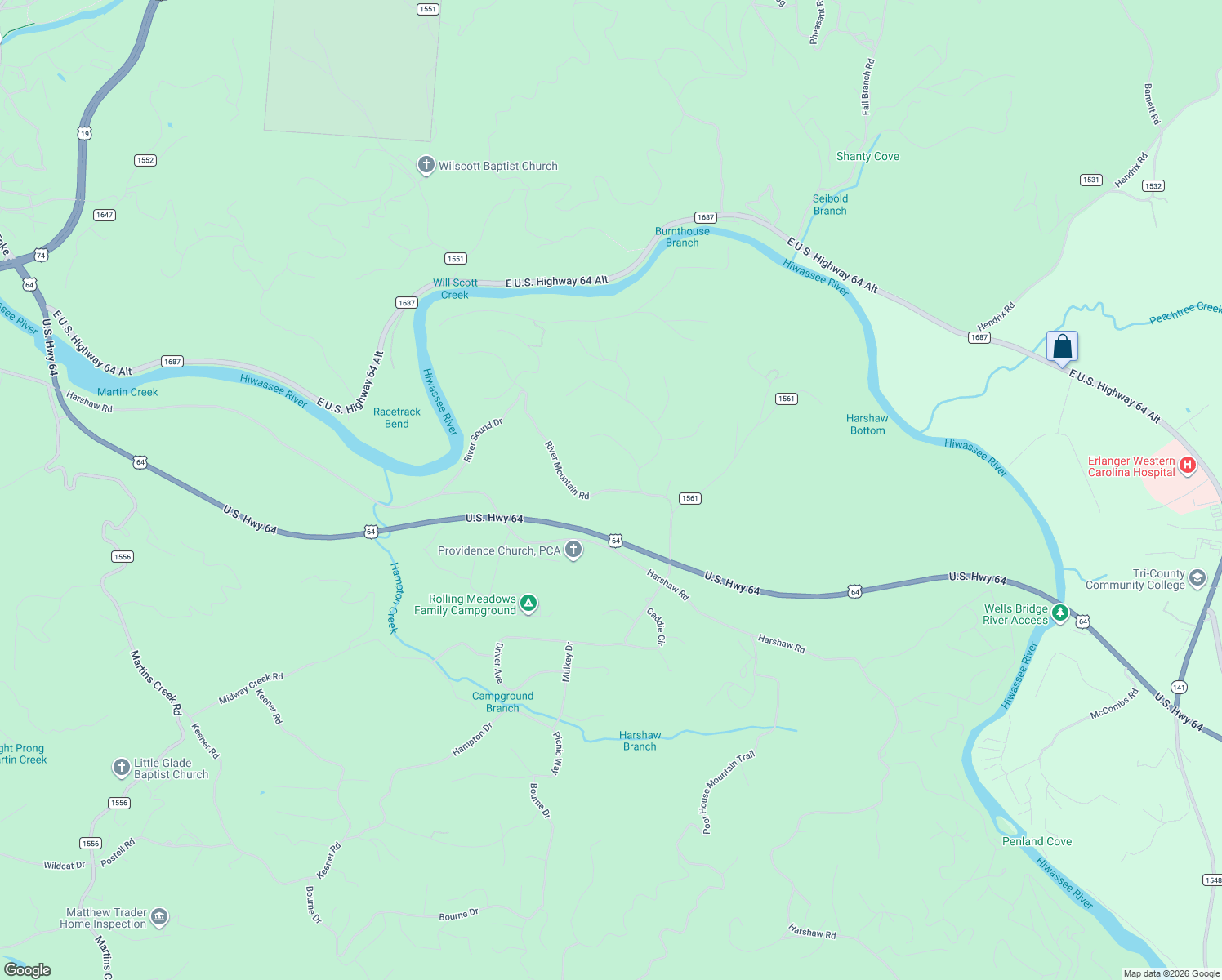 map of restaurants, bars, coffee shops, grocery stores, and more near 125 Short Cove Road in Murphy