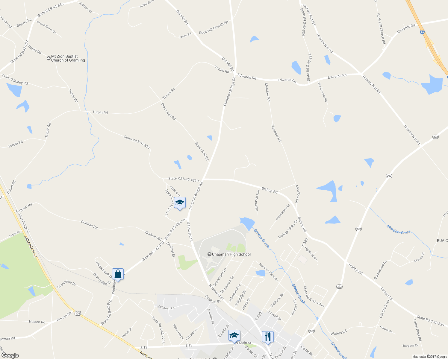 map of restaurants, bars, coffee shops, grocery stores, and more near 2920 Bishop Road in Inman