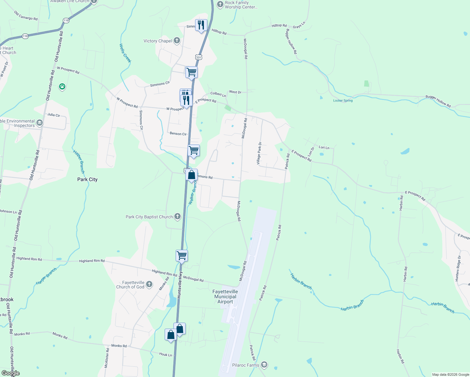 map of restaurants, bars, coffee shops, grocery stores, and more near 117 McDougal Rd in Fayetteville