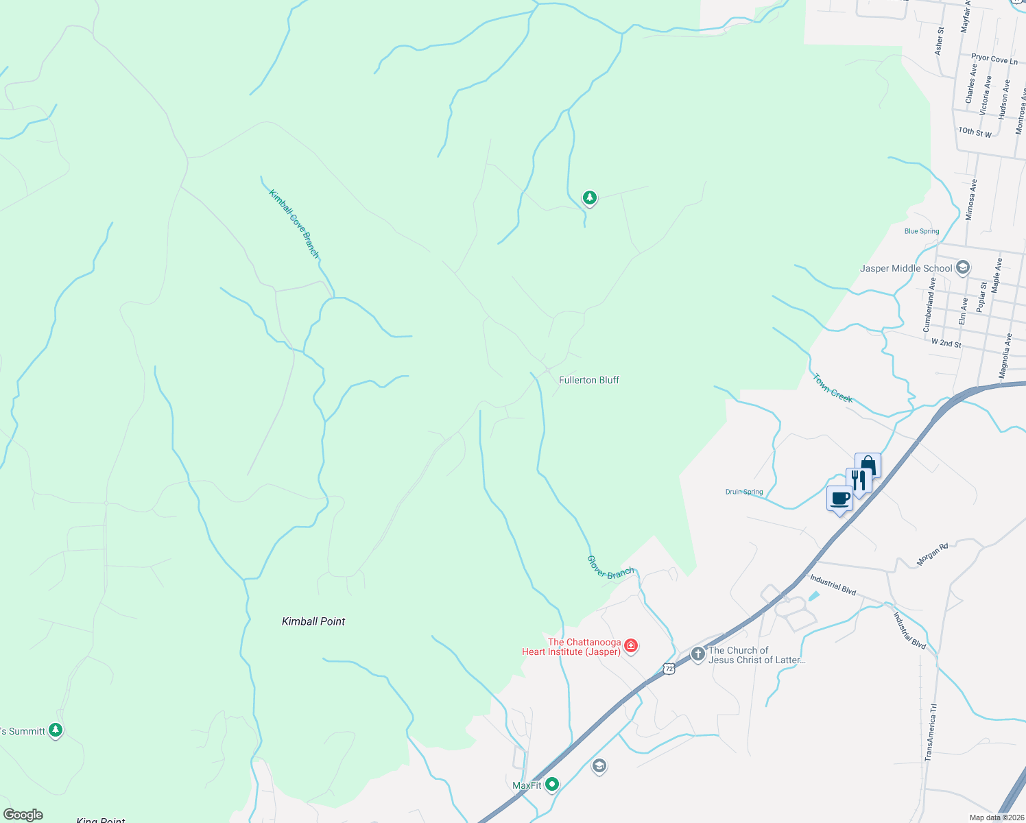 map of restaurants, bars, coffee shops, grocery stores, and more near River Bluffs Drive in South Pittsburg