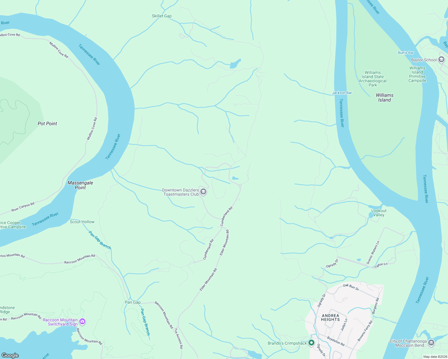 map of restaurants, bars, coffee shops, grocery stores, and more near 1125 Cumberland Road in Chattanooga