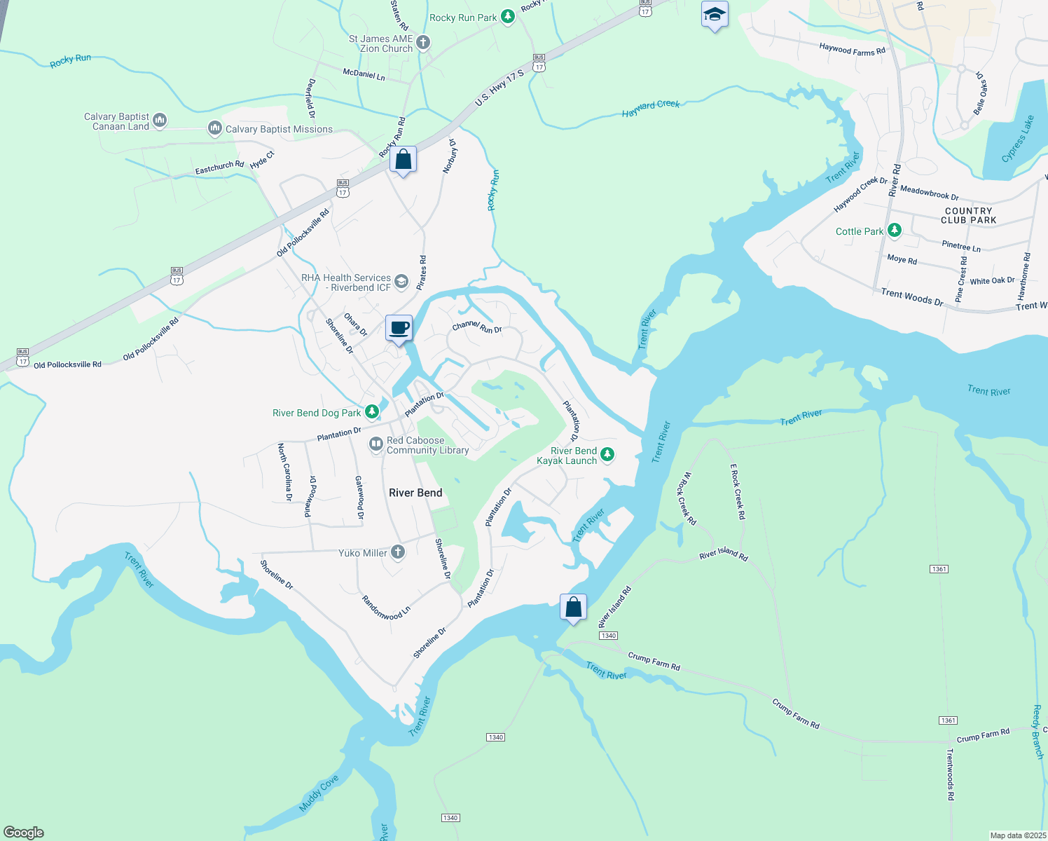 map of restaurants, bars, coffee shops, grocery stores, and more near 118 Quarterdeck Townhouses in New Bern