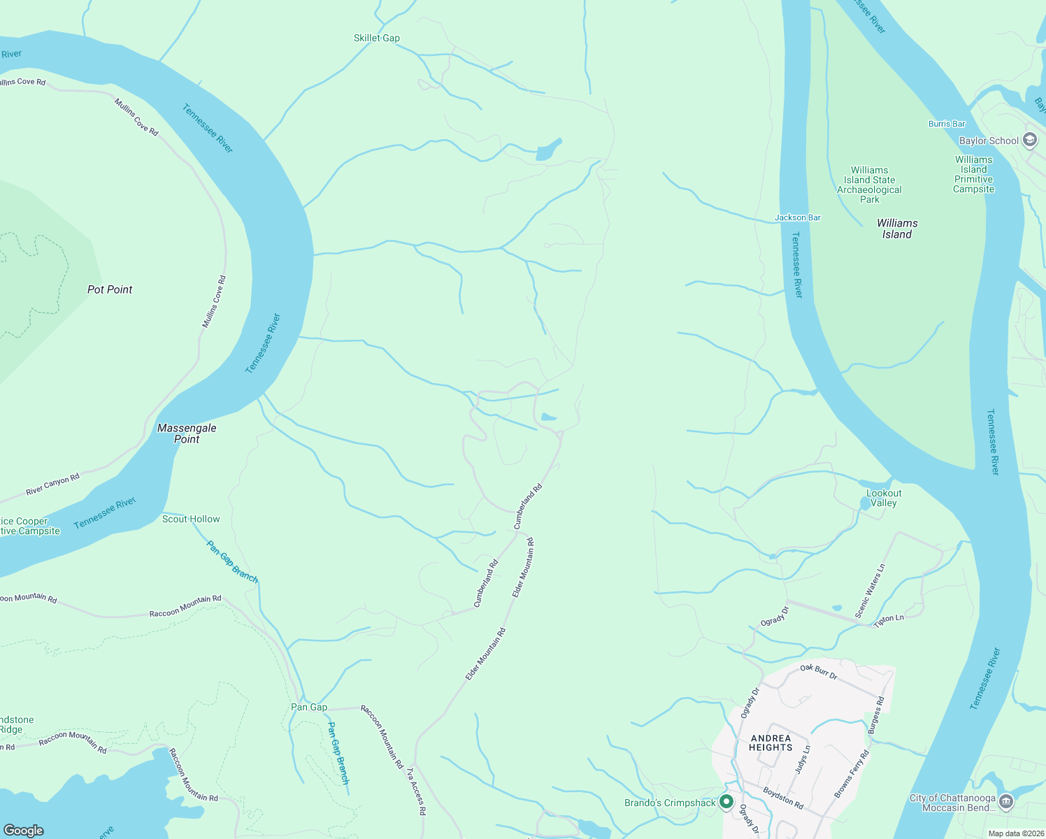 map of restaurants, bars, coffee shops, grocery stores, and more near 1125 Cumberland Road in Chattanooga