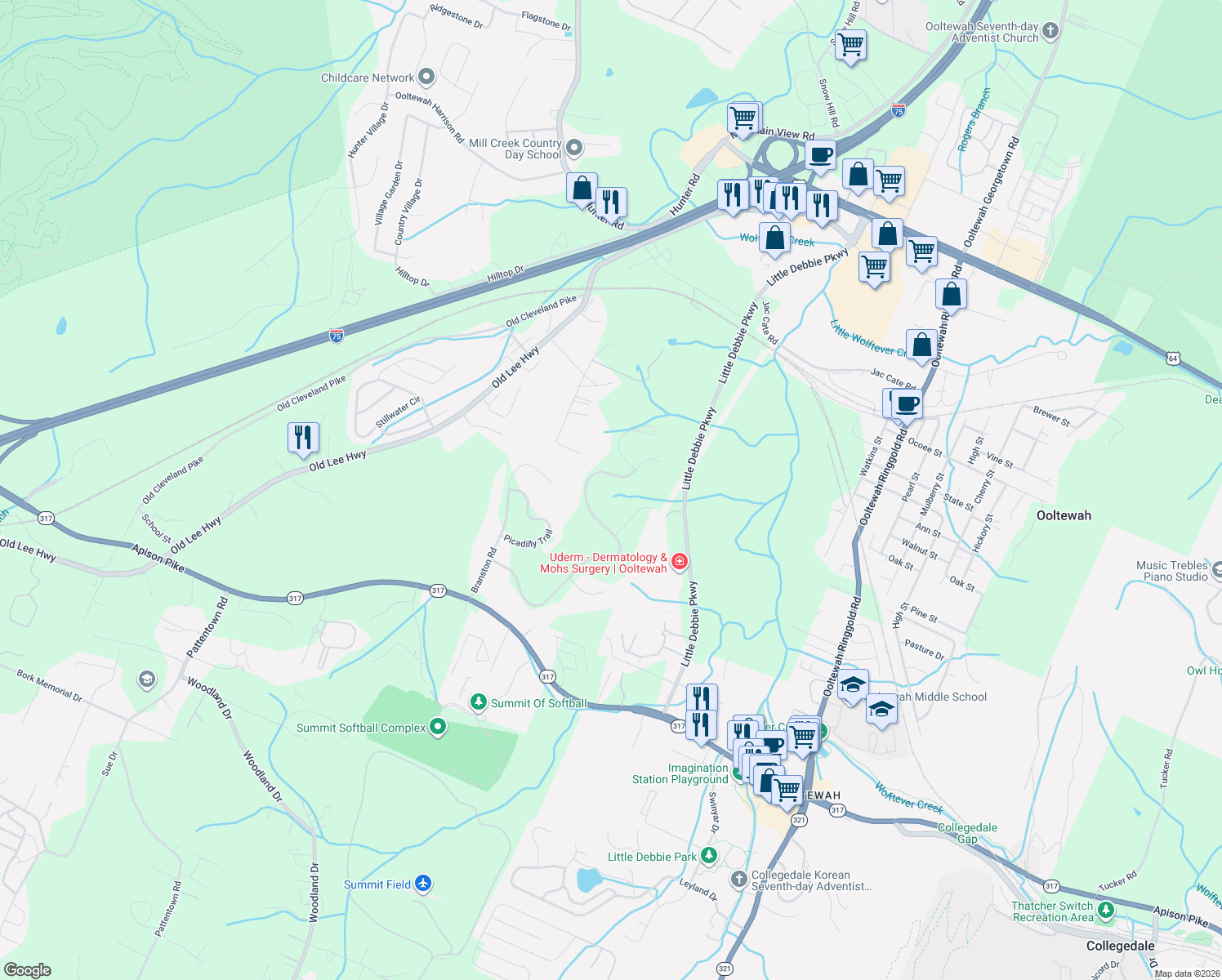 map of restaurants, bars, coffee shops, grocery stores, and more near 9038 Finney Point Drive in Ooltewah