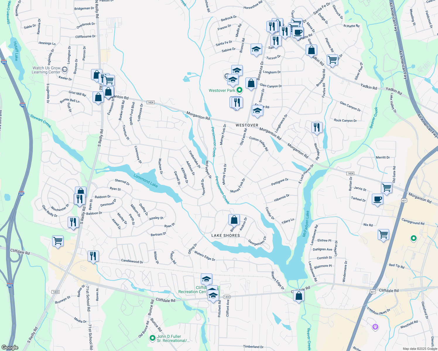 map of restaurants, bars, coffee shops, grocery stores, and more near 6005 Duroc Court in Fayetteville