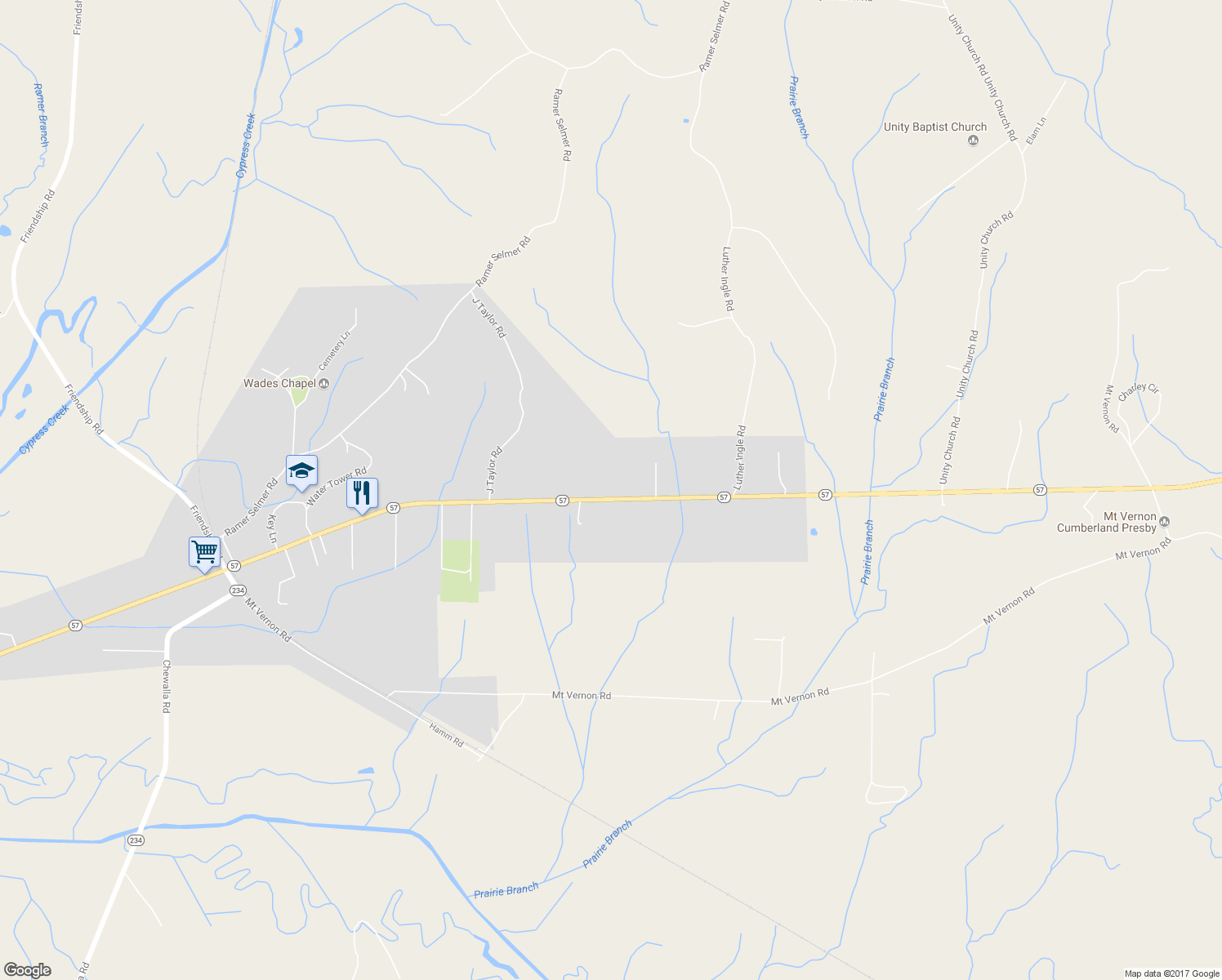 map of restaurants, bars, coffee shops, grocery stores, and more near 3233 Tennessee 57 in Ramer