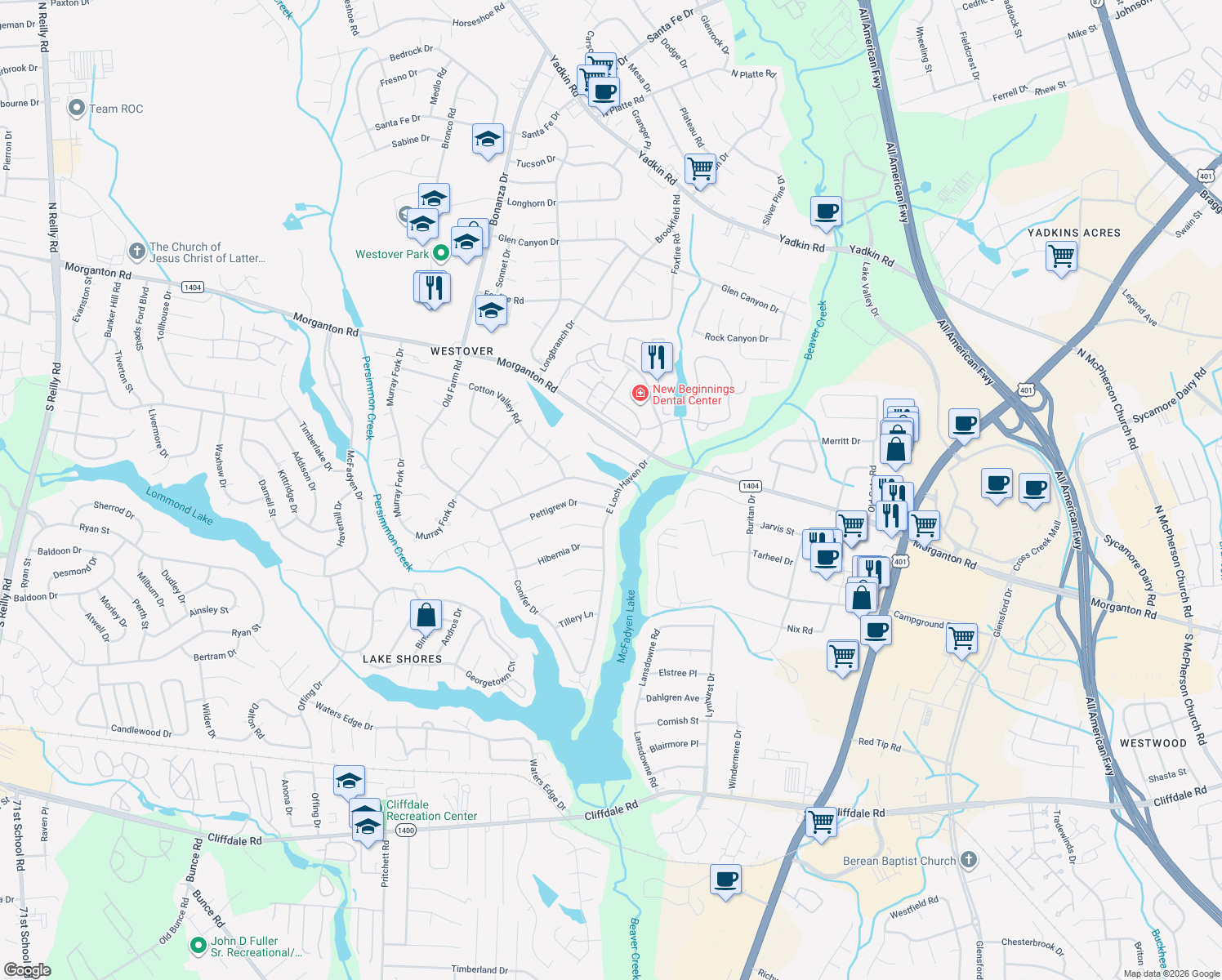 map of restaurants, bars, coffee shops, grocery stores, and more near 544 Old Farm Road in Fayetteville