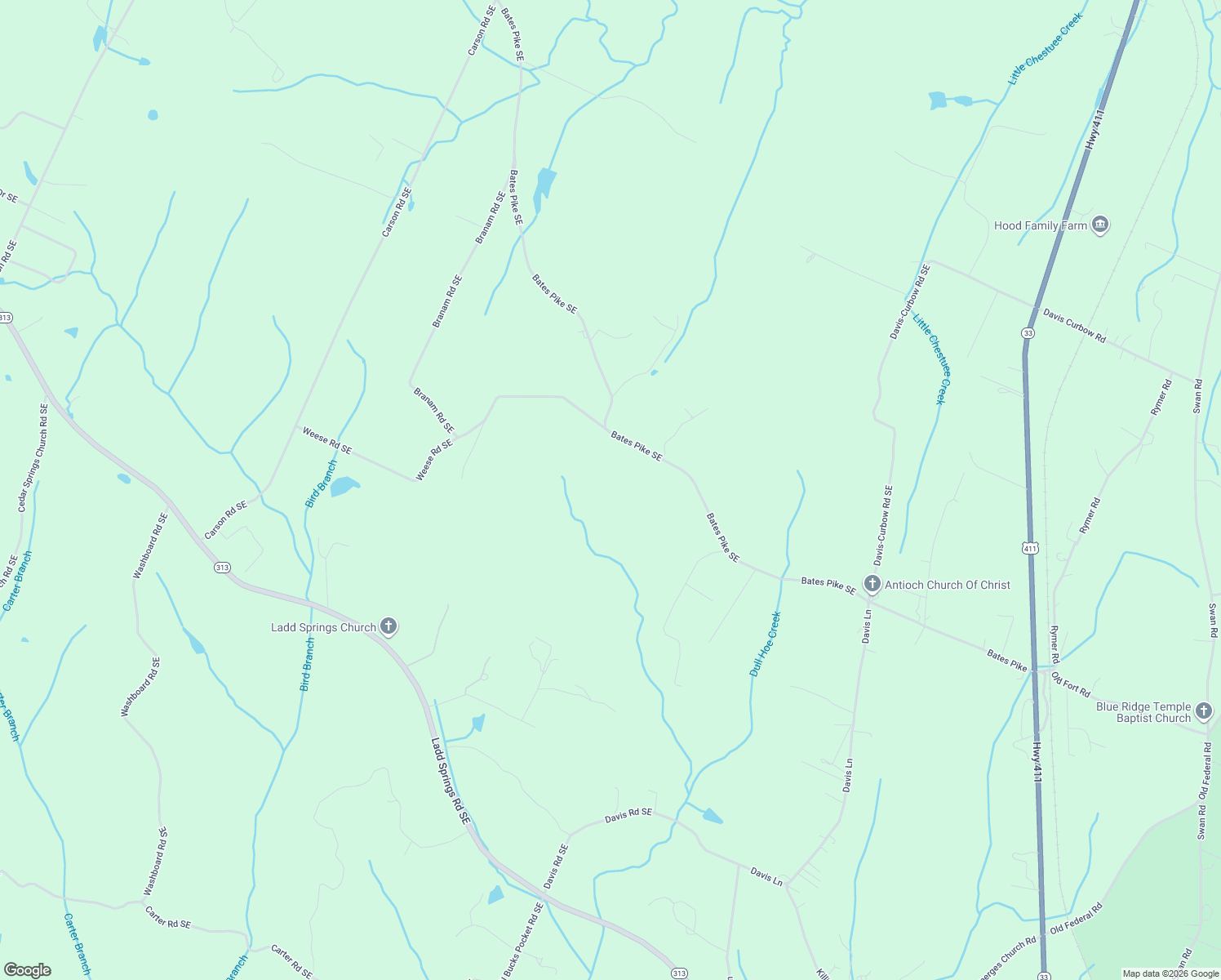 map of restaurants, bars, coffee shops, grocery stores, and more near 7326 Bates Pike Southeast in Bradley