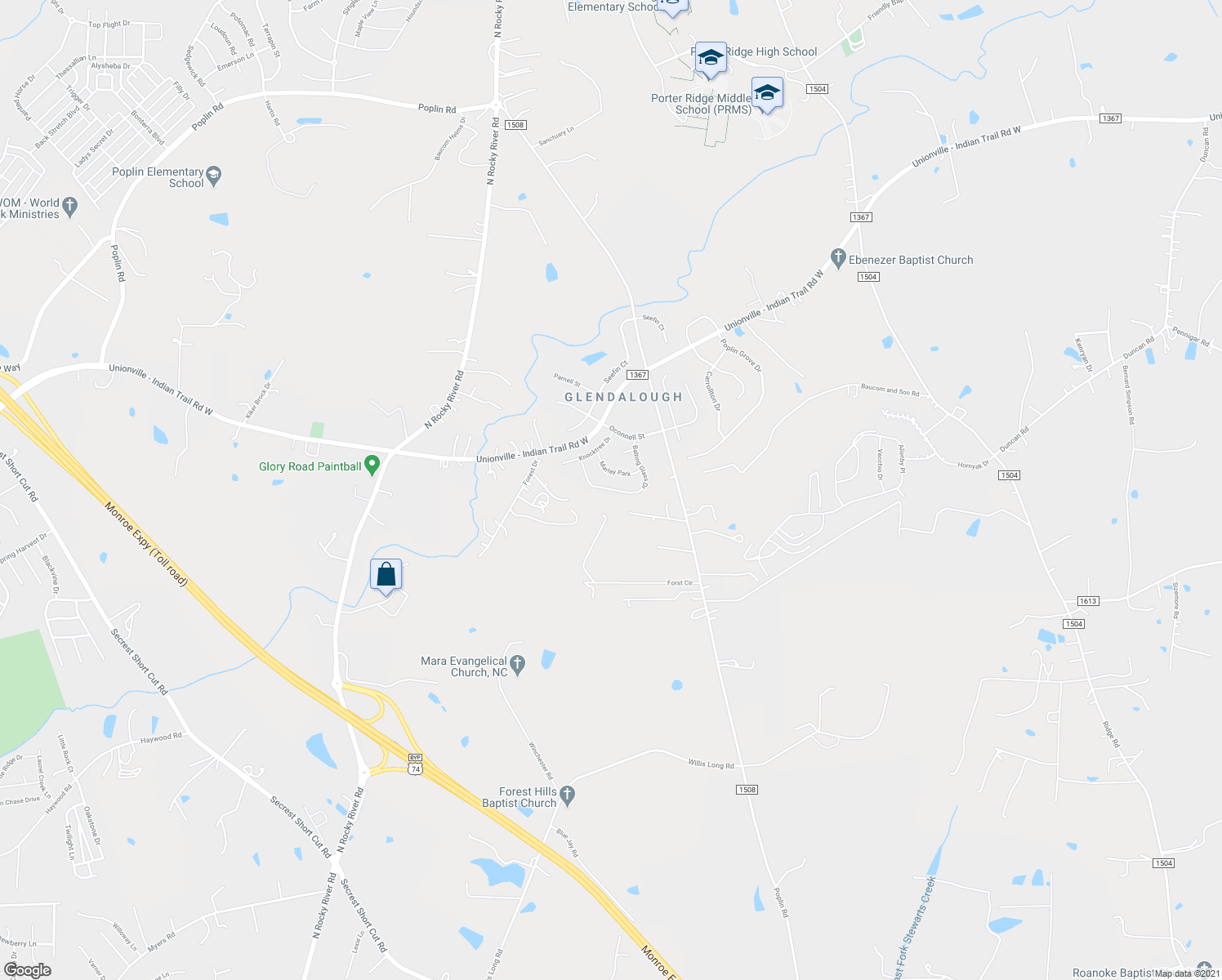 map of restaurants, bars, coffee shops, grocery stores, and more near Balting Glass Drive in Monroe