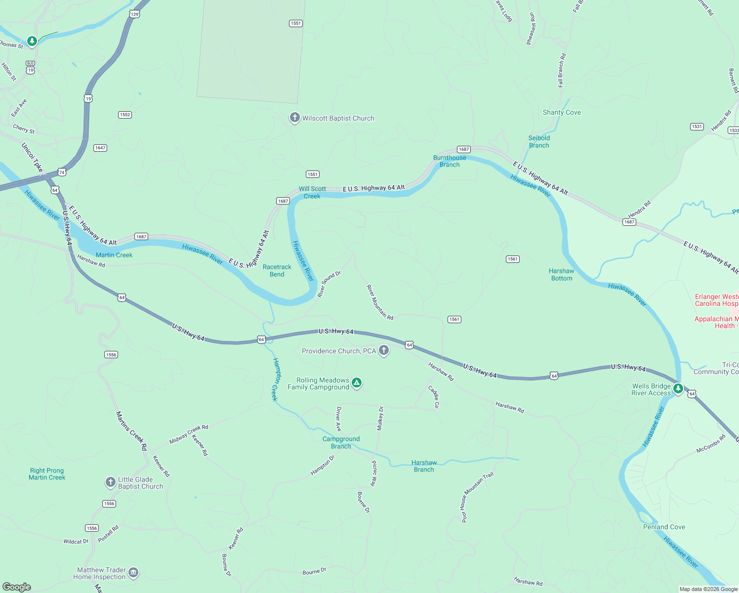 map of restaurants, bars, coffee shops, grocery stores, and more near 1999 Hampton Church Road in Murphy