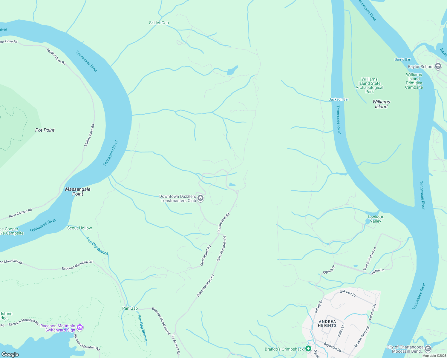 map of restaurants, bars, coffee shops, grocery stores, and more near 1125 Cumberland Road in Chattanooga