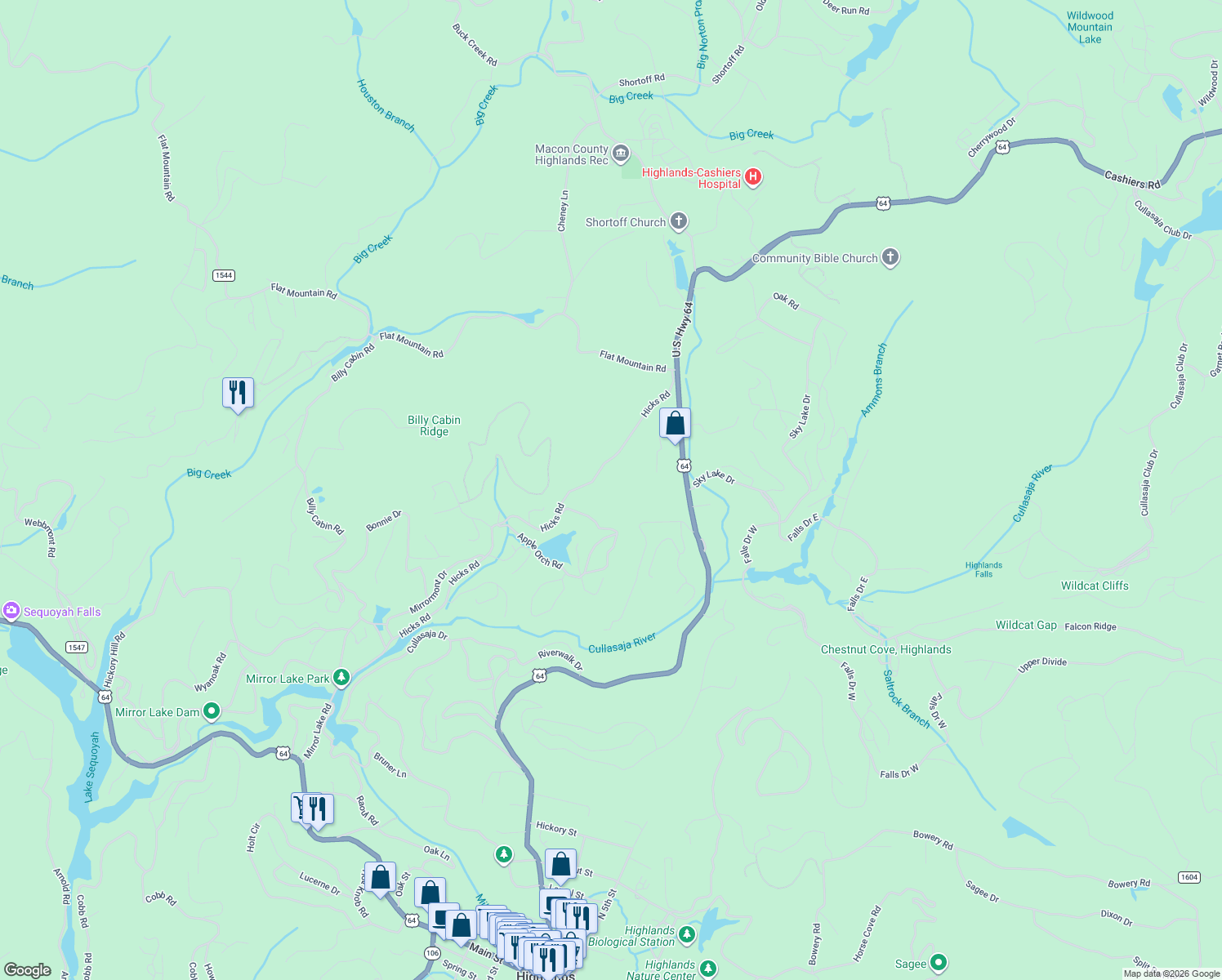 map of restaurants, bars, coffee shops, grocery stores, and more near 1177 Hicks Road in Highlands