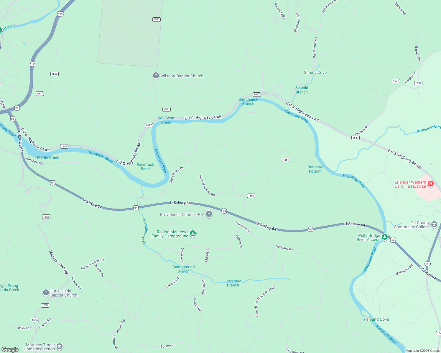 map of restaurants, bars, coffee shops, grocery stores, and more near 125 Short Cove Road in Murphy