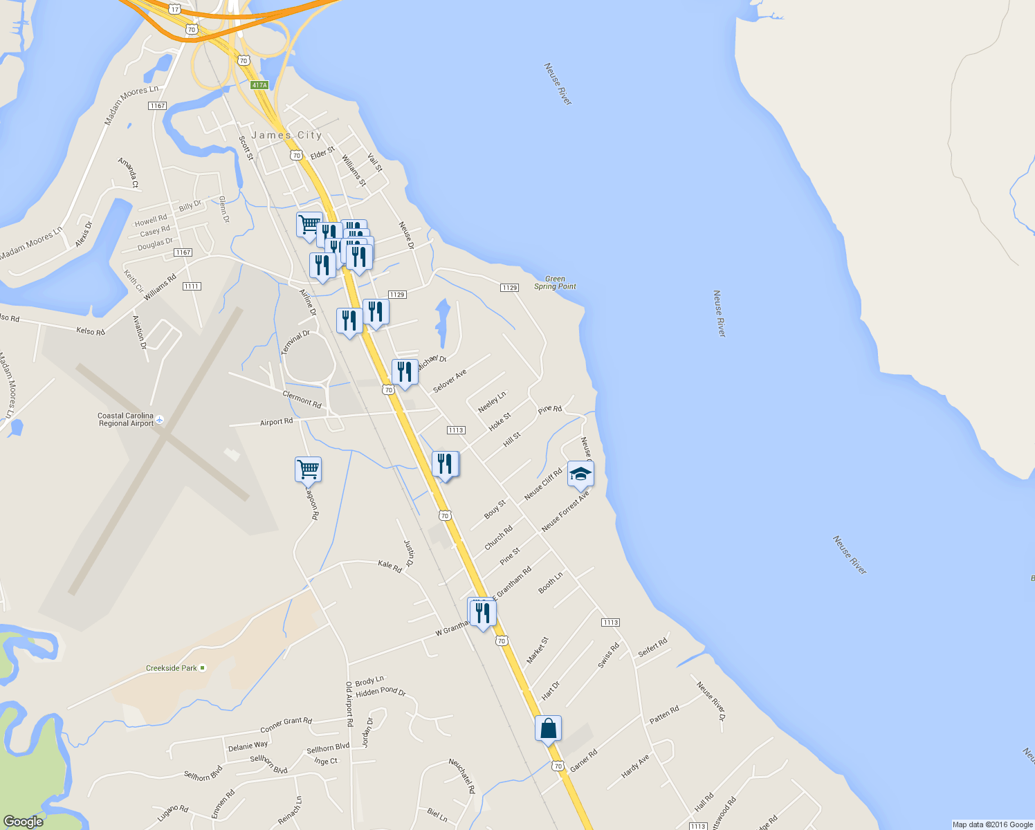 map of restaurants, bars, coffee shops, grocery stores, and more near 307 Hoke Street in New Bern