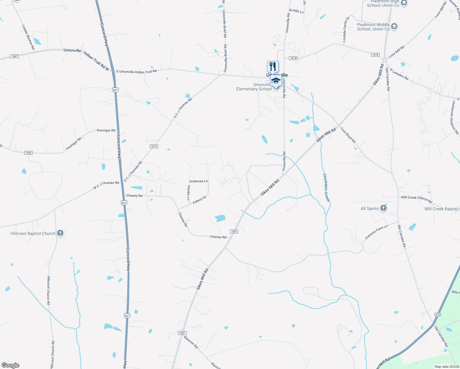 map of restaurants, bars, coffee shops, grocery stores, and more near 1612 Thornhill Drive in Monroe