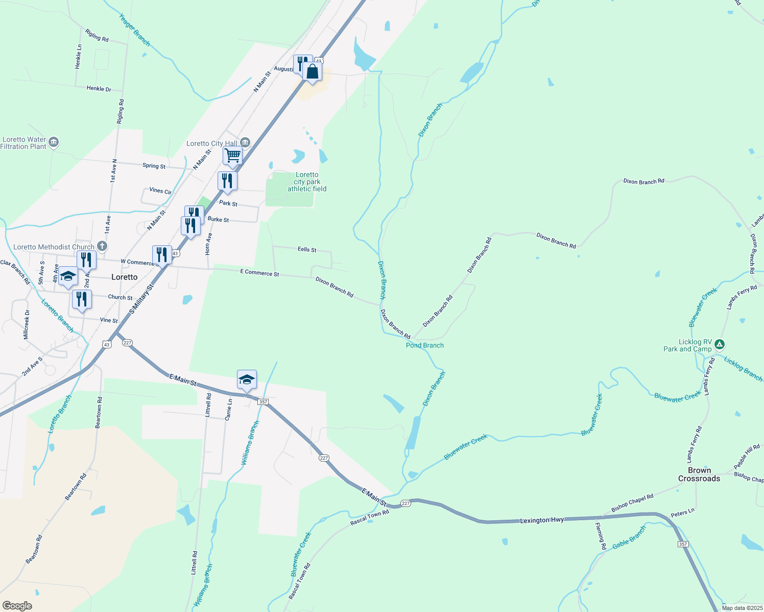 map of restaurants, bars, coffee shops, grocery stores, and more near Dixon Branch Road in Loretto