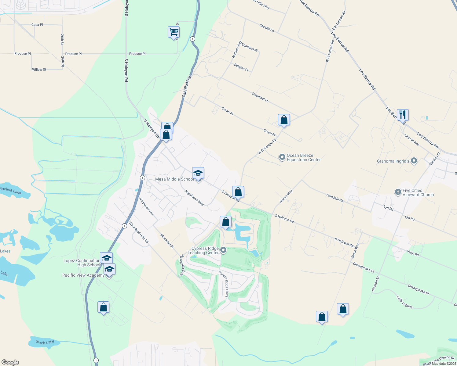 map of restaurants, bars, coffee shops, grocery stores, and more near 565 Spanish Trail in Arroyo Grande