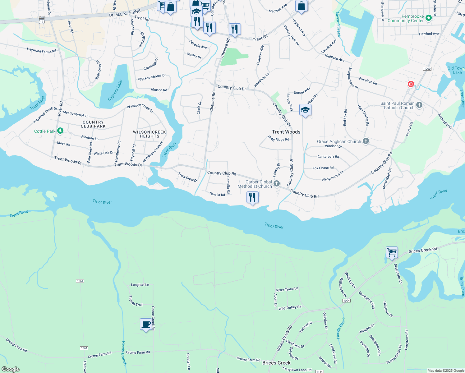 map of restaurants, bars, coffee shops, grocery stores, and more near 110 Camelia Rd in Trent Woods