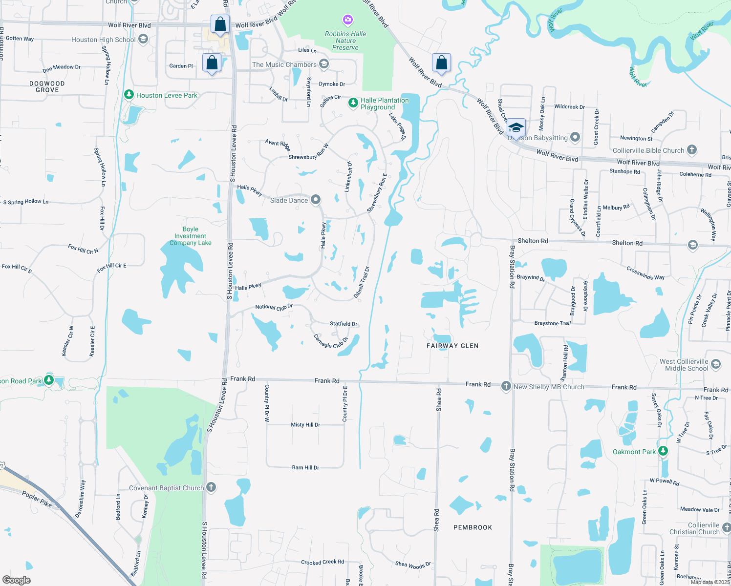 map of restaurants, bars, coffee shops, grocery stores, and more near 2664 Dibrell Trail Dr in Collierville