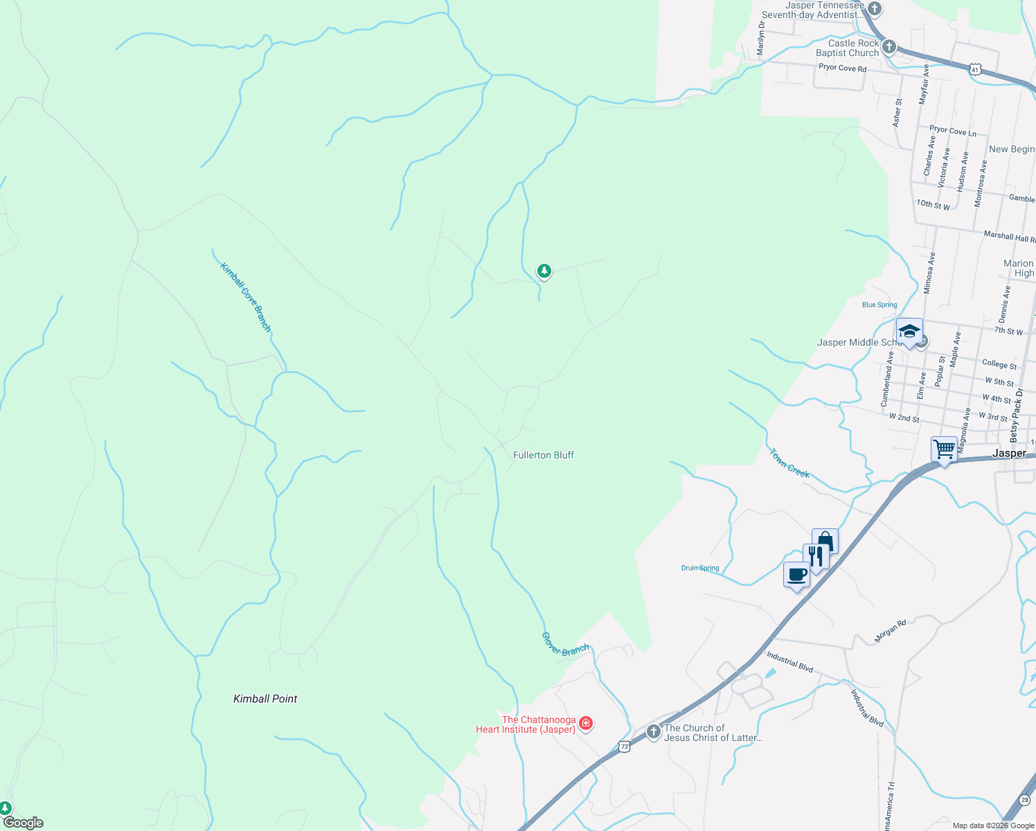map of restaurants, bars, coffee shops, grocery stores, and more near River Bluffs Drive in Jasper