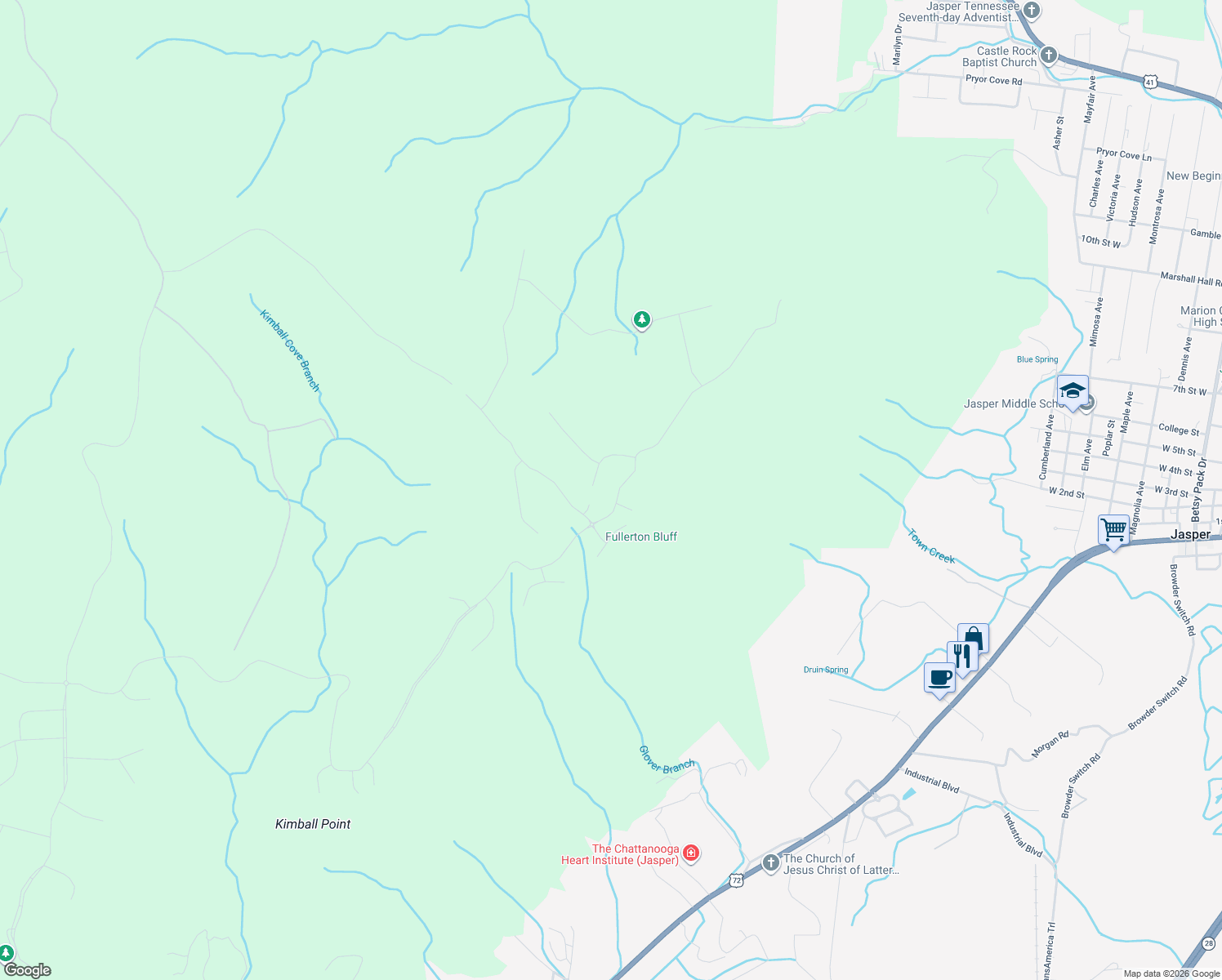 map of restaurants, bars, coffee shops, grocery stores, and more near 2275 River Bluffs Drive in Jasper