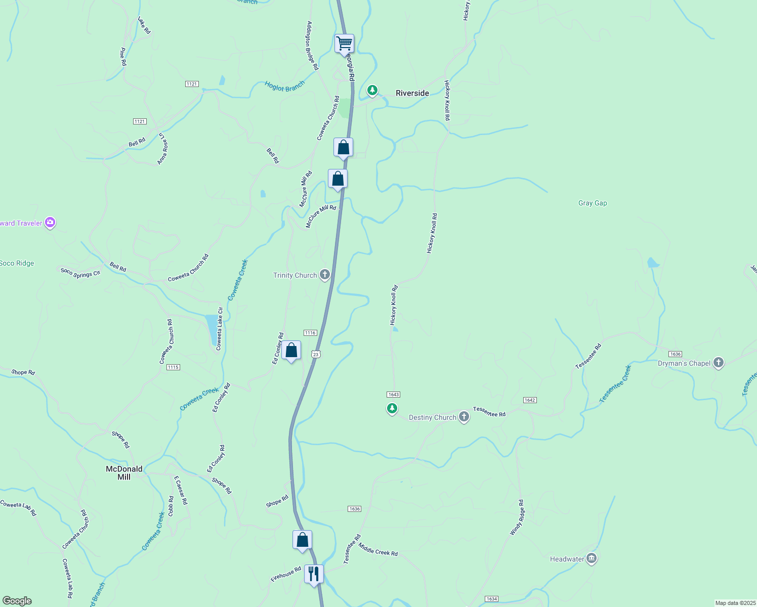map of restaurants, bars, coffee shops, grocery stores, and more near Hickory Knoll Road in Franklin