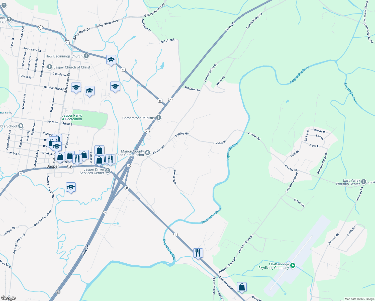 map of restaurants, bars, coffee shops, grocery stores, and more near 360 Acuff Road in Jasper