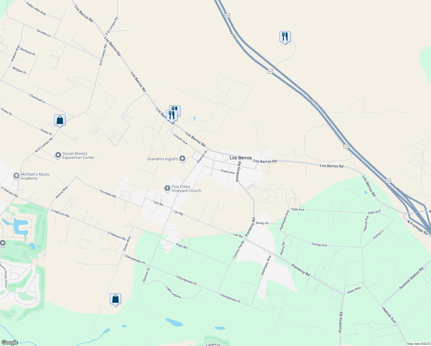 map of restaurants, bars, coffee shops, grocery stores, and more near 1841 Grant Ave in Arroyo Grande