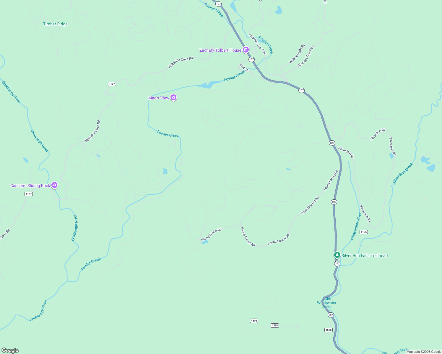 map of restaurants, bars, coffee shops, grocery stores, and more near Top of the Ridge Road in Cashiers