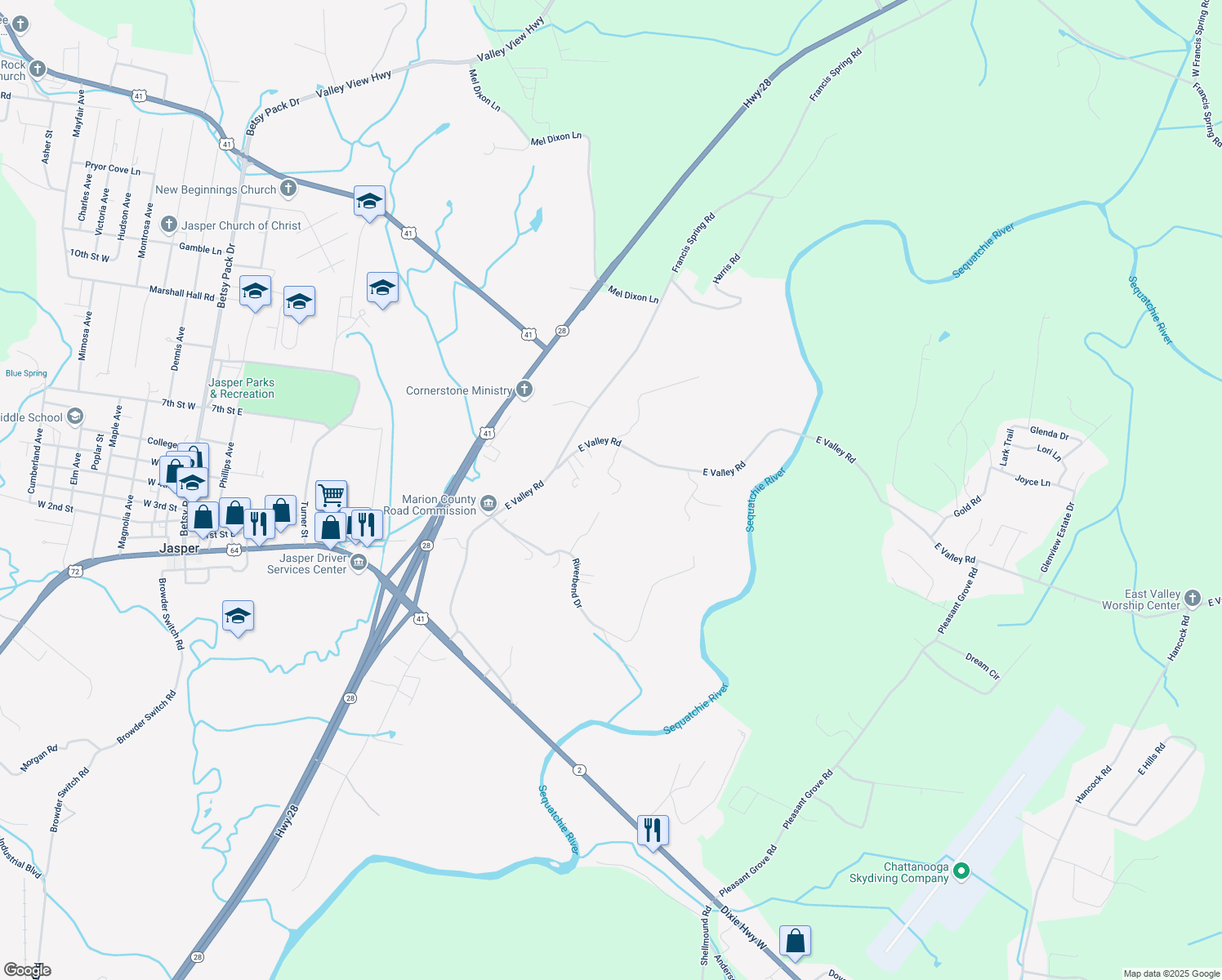 map of restaurants, bars, coffee shops, grocery stores, and more near 360 Acuff Road in Jasper