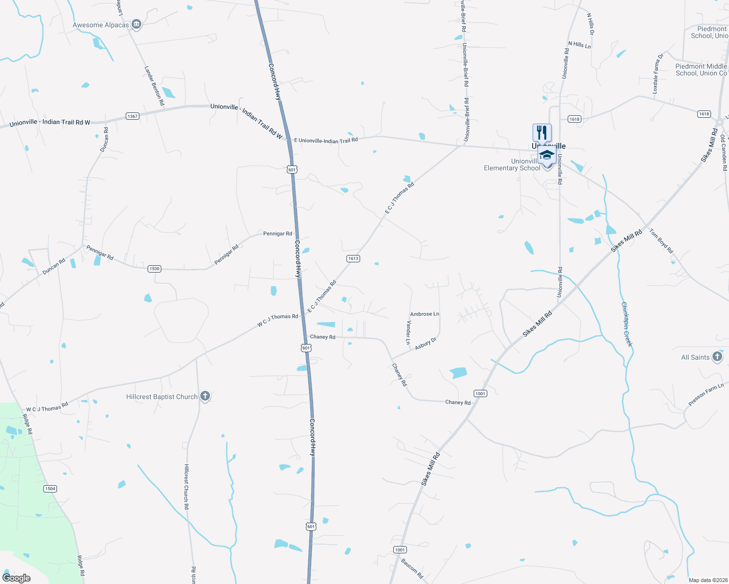 map of restaurants, bars, coffee shops, grocery stores, and more near 122 East C J Thomas Road in Monroe