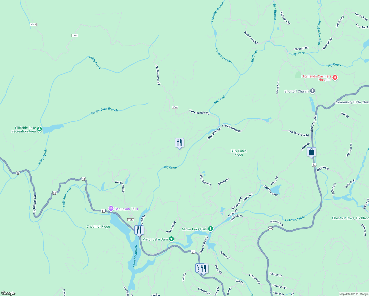 map of restaurants, bars, coffee shops, grocery stores, and more near 242 Skyline Lodge Road in Highlands