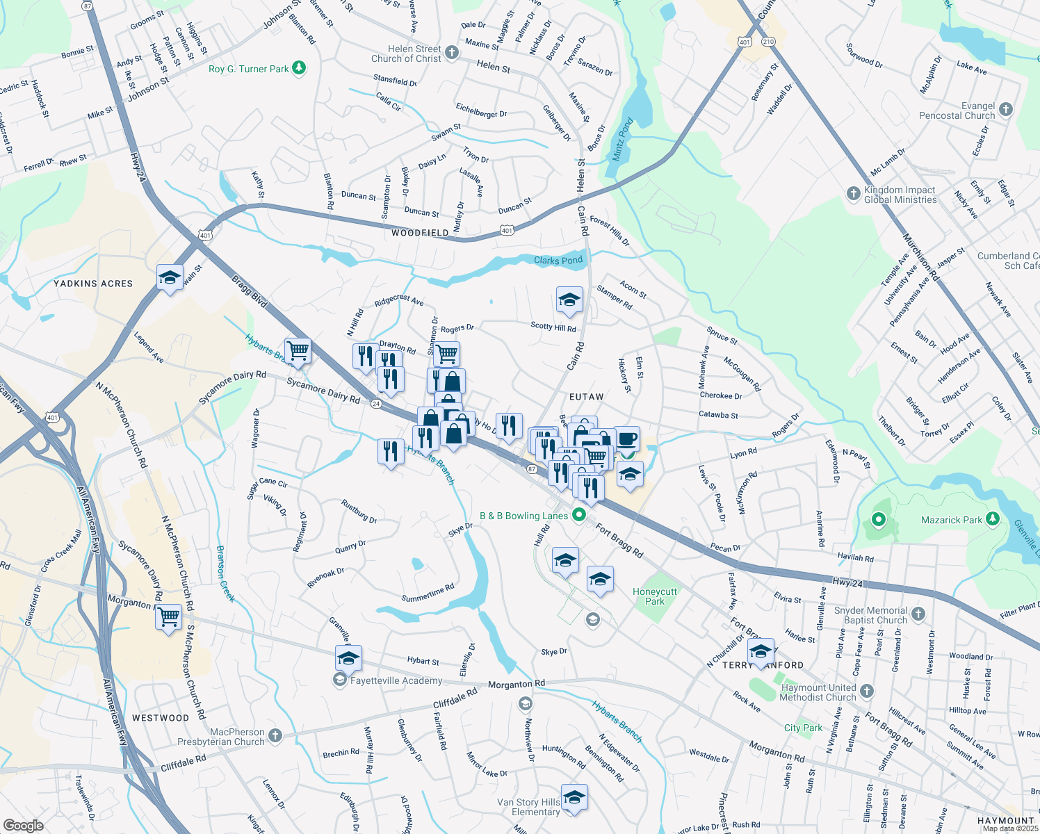 map of restaurants, bars, coffee shops, grocery stores, and more near 650 Tally Drive in Fayetteville