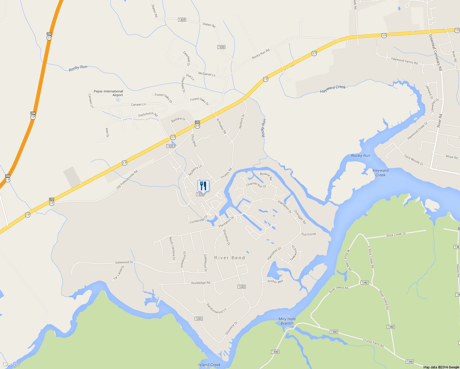 map of restaurants, bars, coffee shops, grocery stores, and more near 103 Captains Cove in New Bern