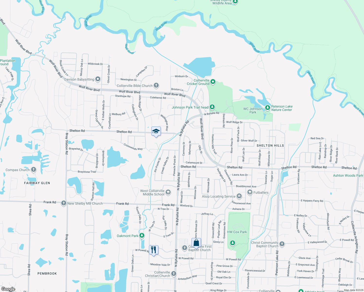 map of restaurants, bars, coffee shops, grocery stores, and more near 1377 Carmony Street in Collierville