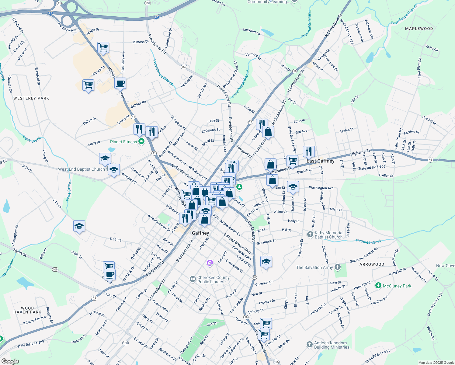 map of restaurants, bars, coffee shops, grocery stores, and more near 198 Cherokee Ave in Gaffney