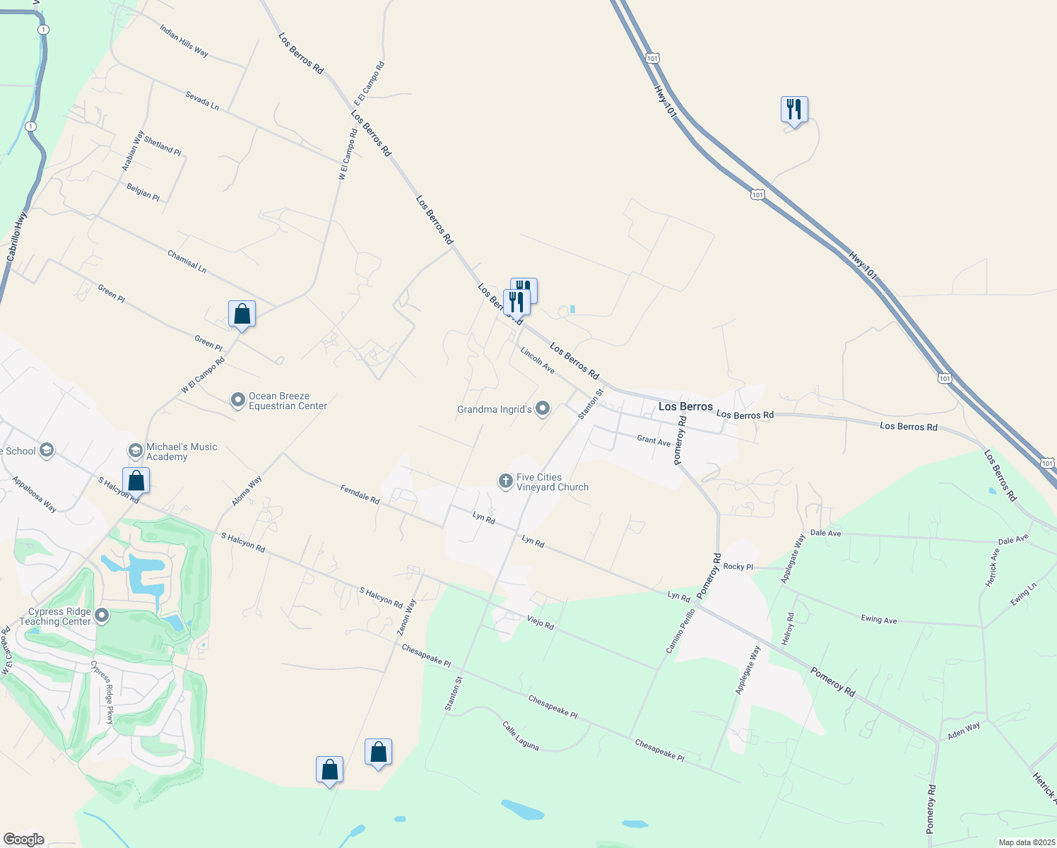 map of restaurants, bars, coffee shops, grocery stores, and more near 246 Norwood Street in Arroyo Grande