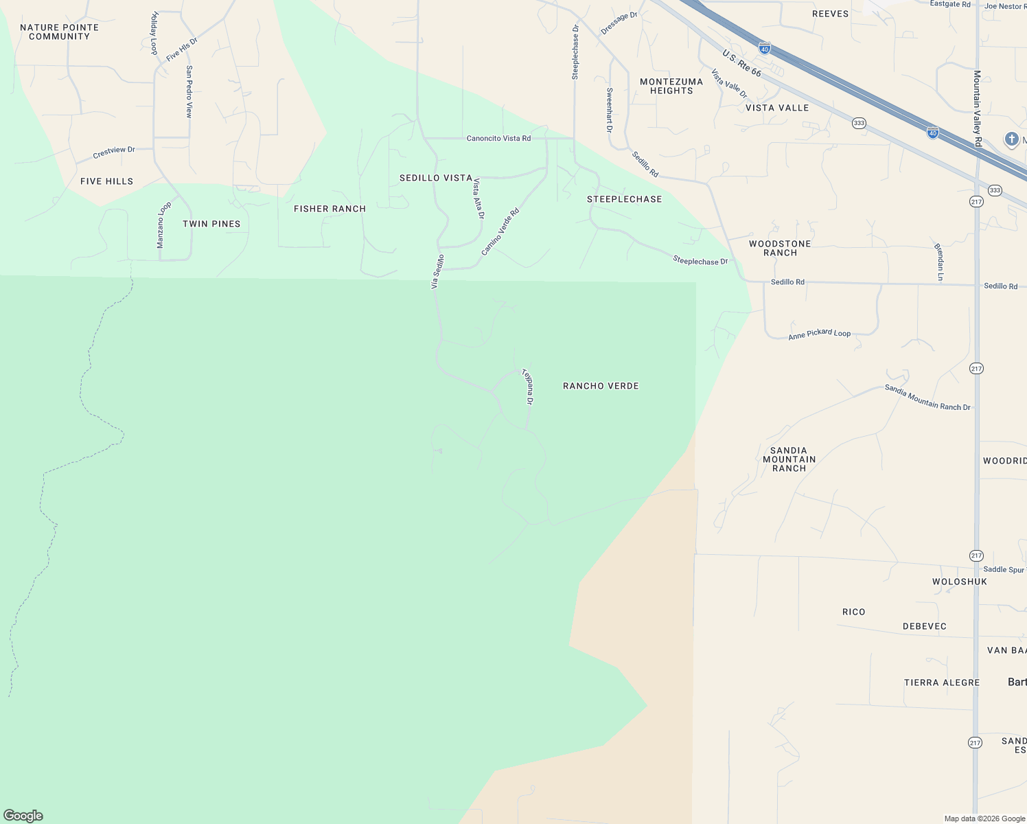 map of restaurants, bars, coffee shops, grocery stores, and more near 171 Vía Sedillo in Tijeras