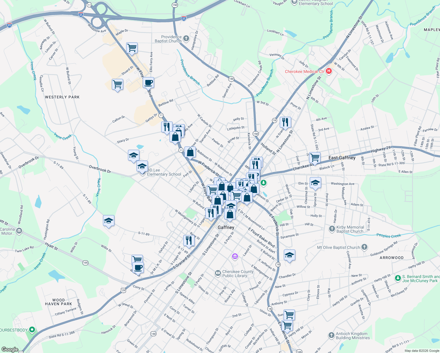 map of restaurants, bars, coffee shops, grocery stores, and more near 199 Oakland Avenue in Gaffney