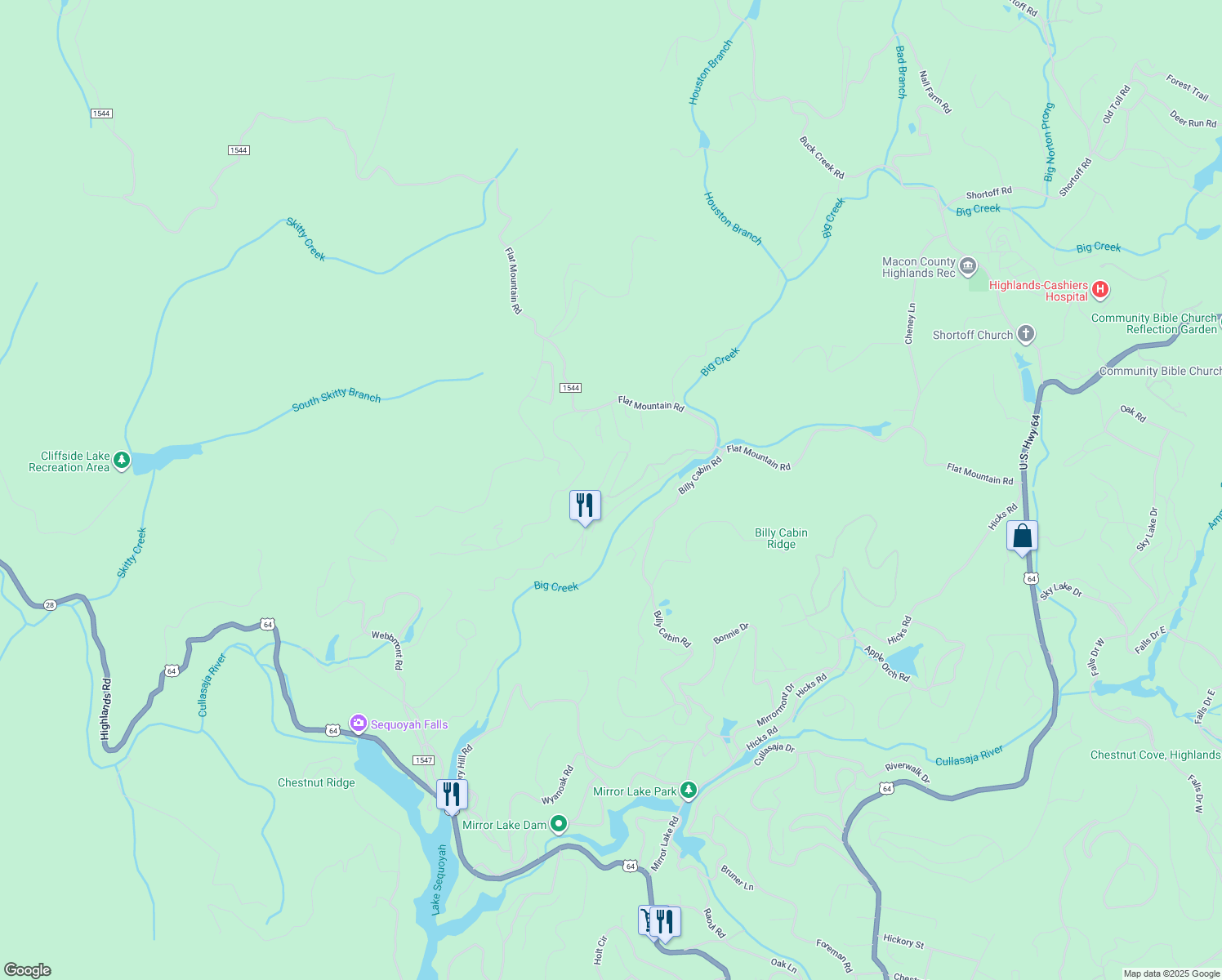 map of restaurants, bars, coffee shops, grocery stores, and more near 393 Pine Circle in Highlands