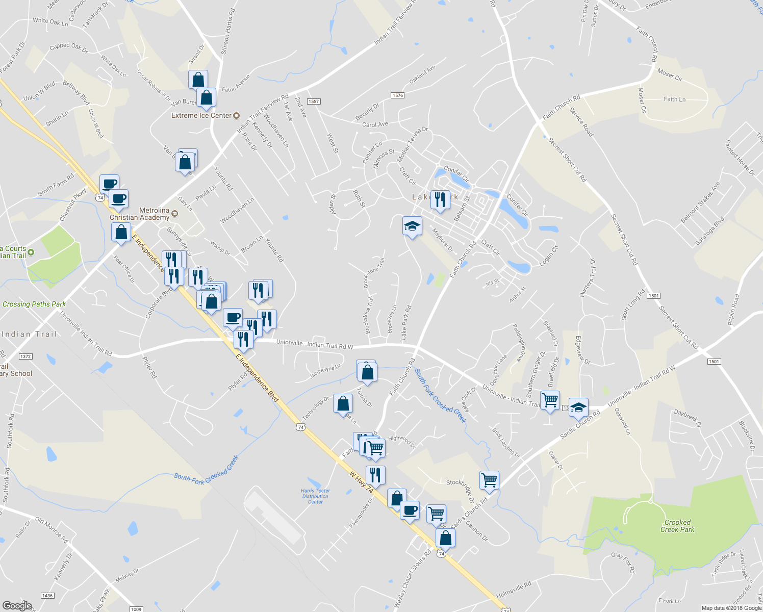 map of restaurants, bars, coffee shops, grocery stores, and more near 3327 Hard Rock Court in Indian Trail