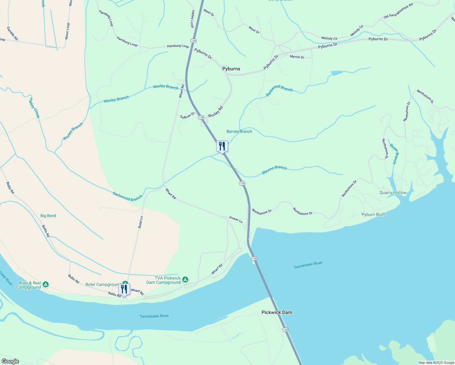 map of restaurants, bars, coffee shops, grocery stores, and more near 2045 Tennessee 128 in Savannah